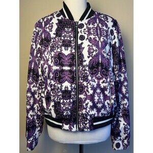 Ashley Stewart Baroque Print Bomber’s Jacket Women’s Size 12  Purple White Zip